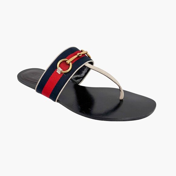Gucci Horsebit Web Stripe Thong Flat Sandals White Flip Flop Size 38 US 8 Women - Picture 9 of 13